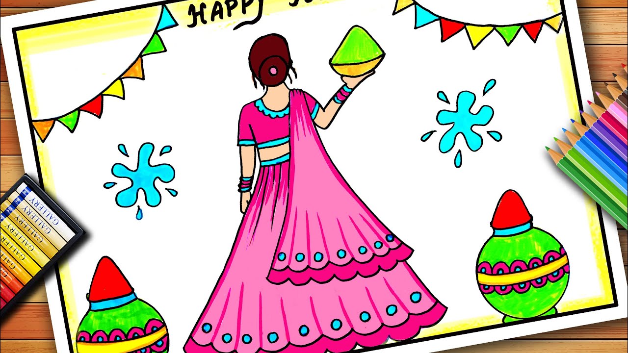 A Beautiful Traditional Girl Celebrating Holi Drawing / Holi Festival Drawing / Easy Holi Drawing