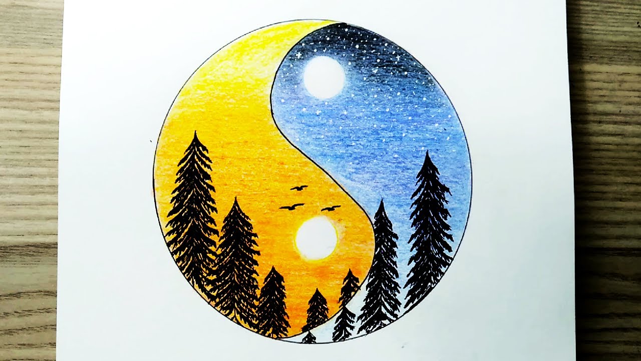 رسومات | رسم منظر طبيعي الليل والنهار بالالوان الخشبية للمبتدئين خطوة بخطوة | رسم سهل | تعليم الرسم