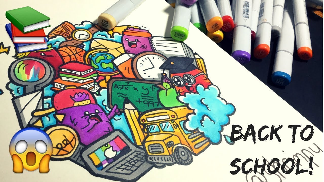 BACK TO SCHOOL THEMED DOODLE Copic Marker Drawing For Kids YouTube