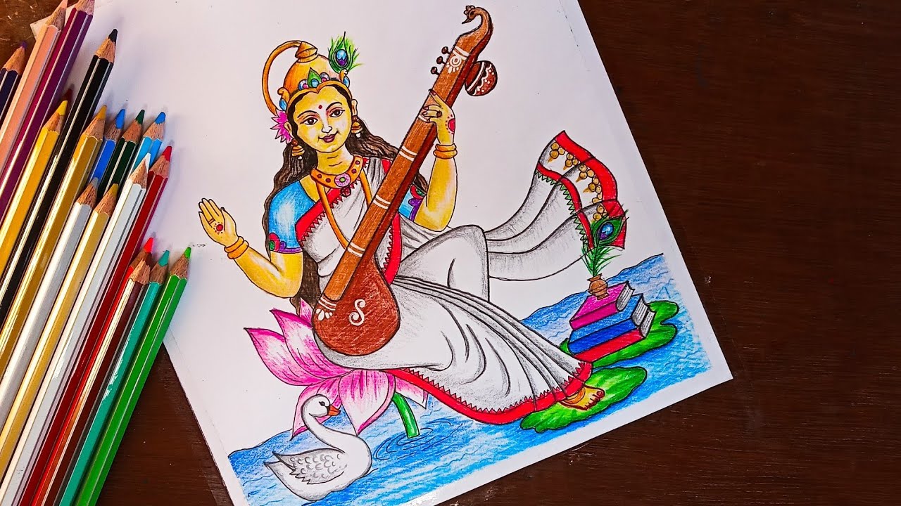 Buy Saraswati Devi Handmade Painting by RAJNI AYAPILLA. Code:ART_1112_10451  - Paintings for Sale online in India.