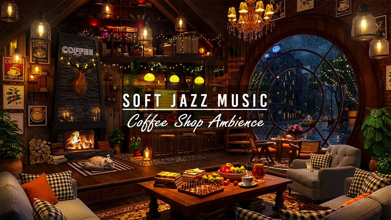 Cozy April Rainy Coffee Shop Ambience 🌧️ Soft Jazz with Gentle Rain ...