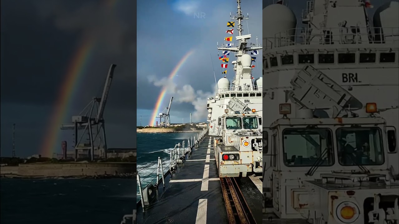 Majestic warship meets a vibrant rainbow over the 