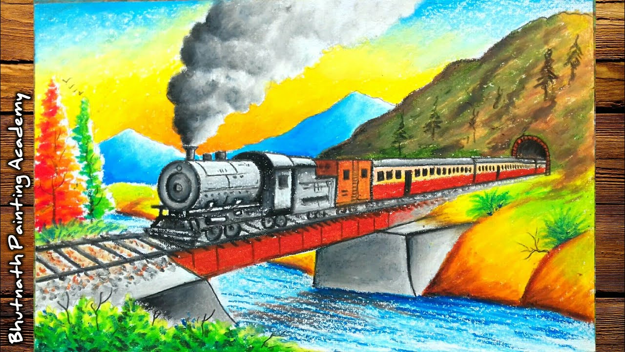 train drawing scenery ||mountain hill nature Painting||train ...