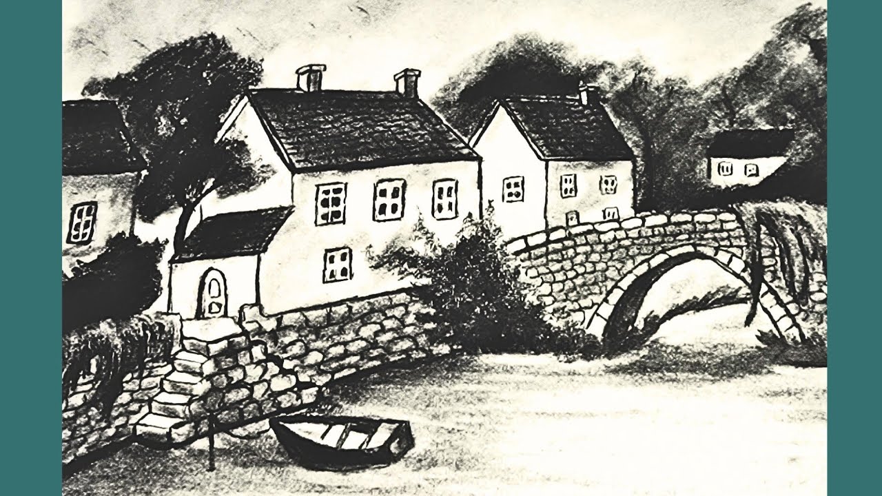 Charcoal Drawing of a Pastoral Morning Atmosphere | Detailed Rural Landscape Sketch