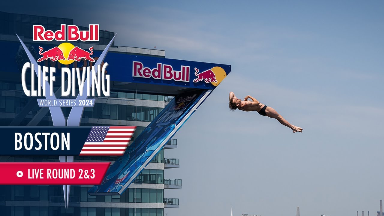 Vivid Red Bull Cliff Diving Boston 2025 Artwork Illustration Vivid Red Bull Cliff Diving Boston 2025 Artwork Illustration