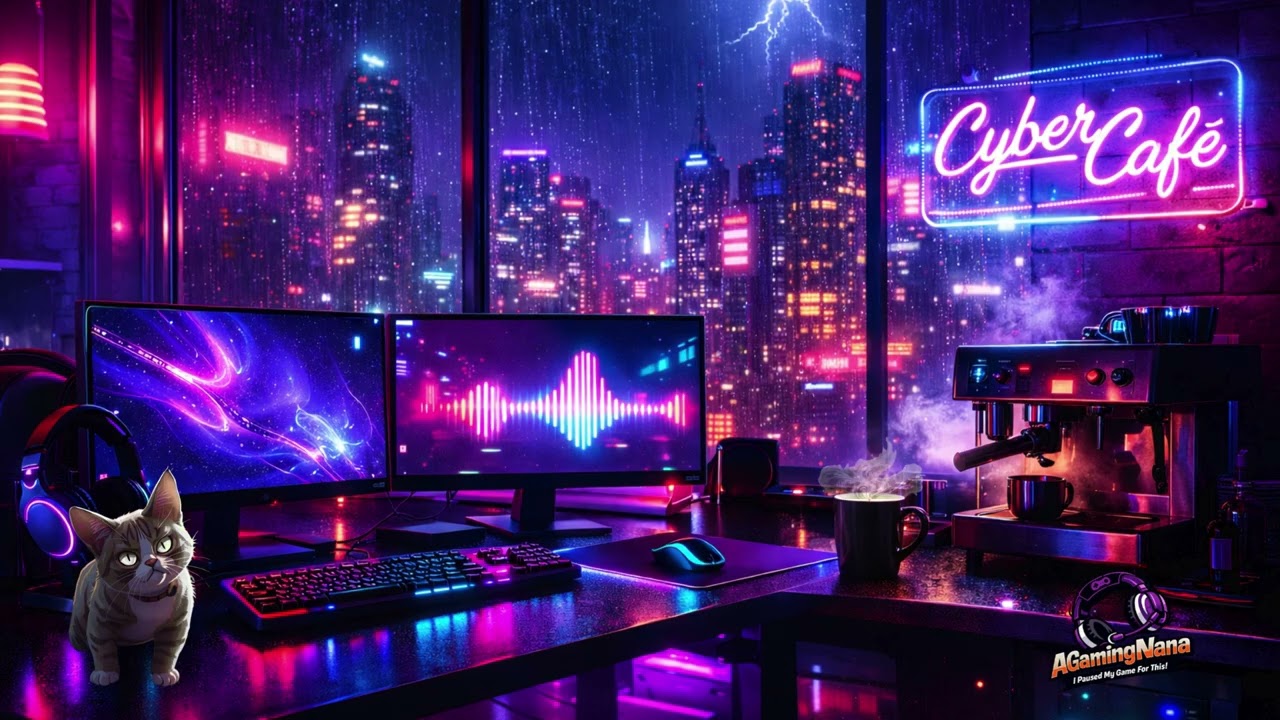 Cyber Café Neon Gaming Vibes ⚡ Epic Retro Synthwave Rock Loft Music #gaming