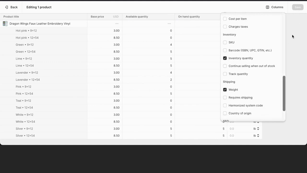 Shopify bulk edit product weight