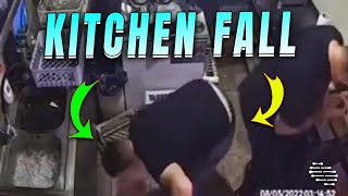 Camera Footage of a Man Tripping and Falling in a Kitchen