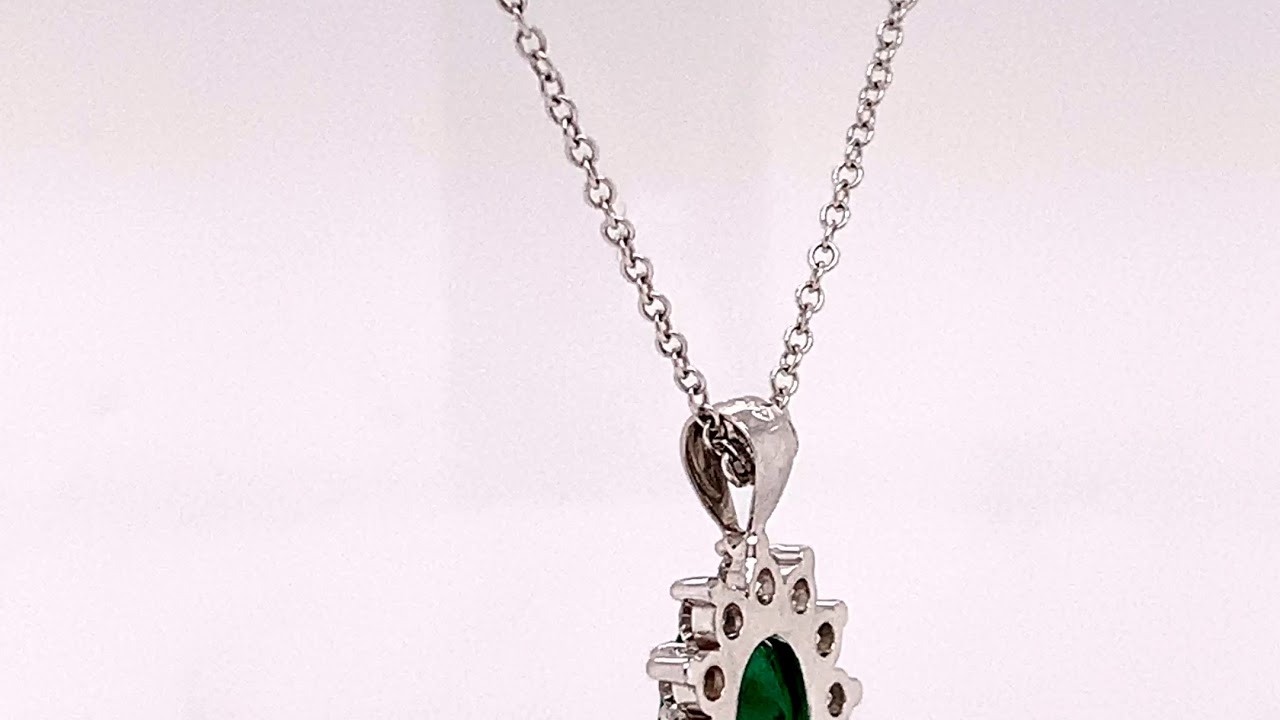 Oval 14K White Gold Natural Green Emerald Round Diamond Pendant with ...