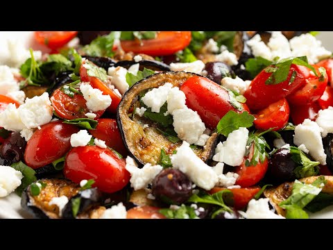 Eggplant, tomato and feta cheese salad recipe.