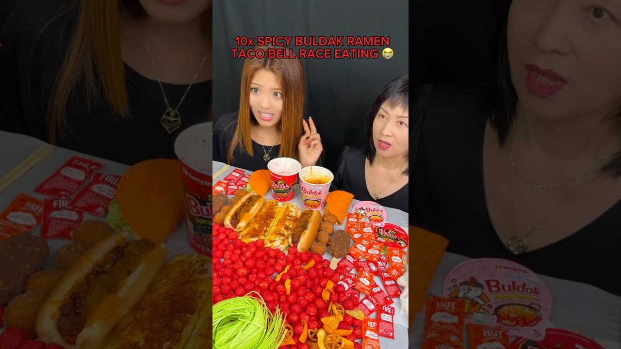 10x spicy buldak ramen and Taco Bell burrito race eating challenge #food #eating #mukbang #ramen