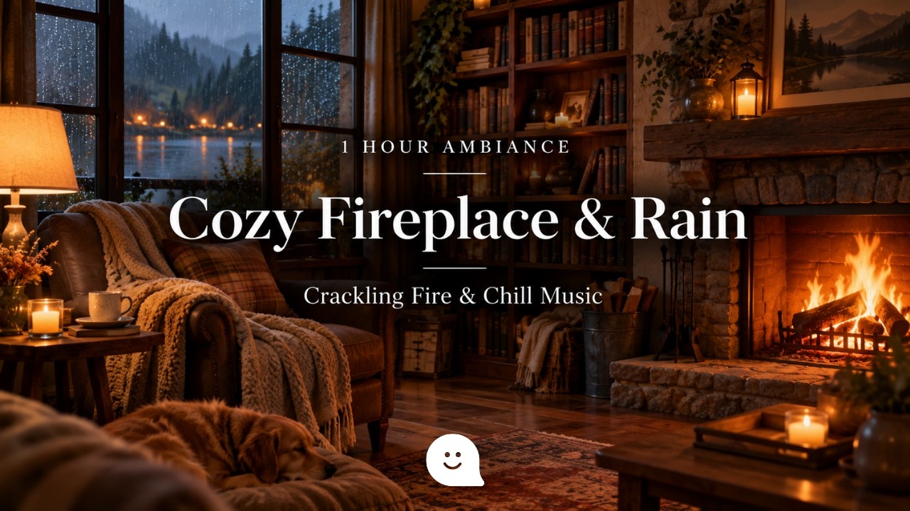 Cozy Fireplace & Rainy Window — 1 Hour Crackling Fire Sounds & Chill Study Music