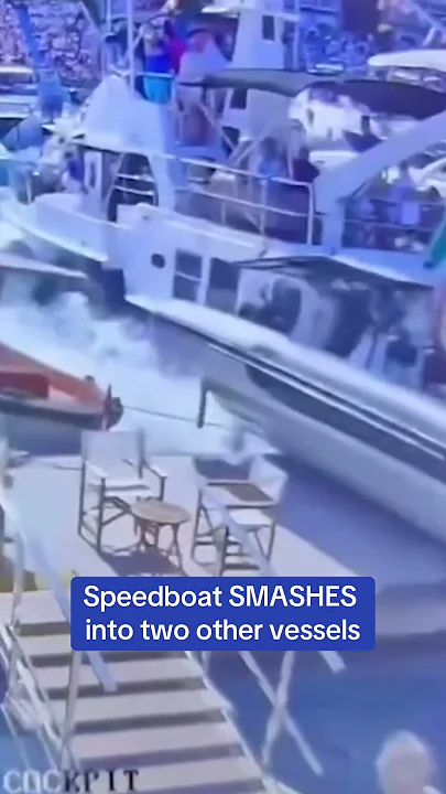 Terrifying moment an unmanned speedboat SMASHES into a superyacht full of partygoers