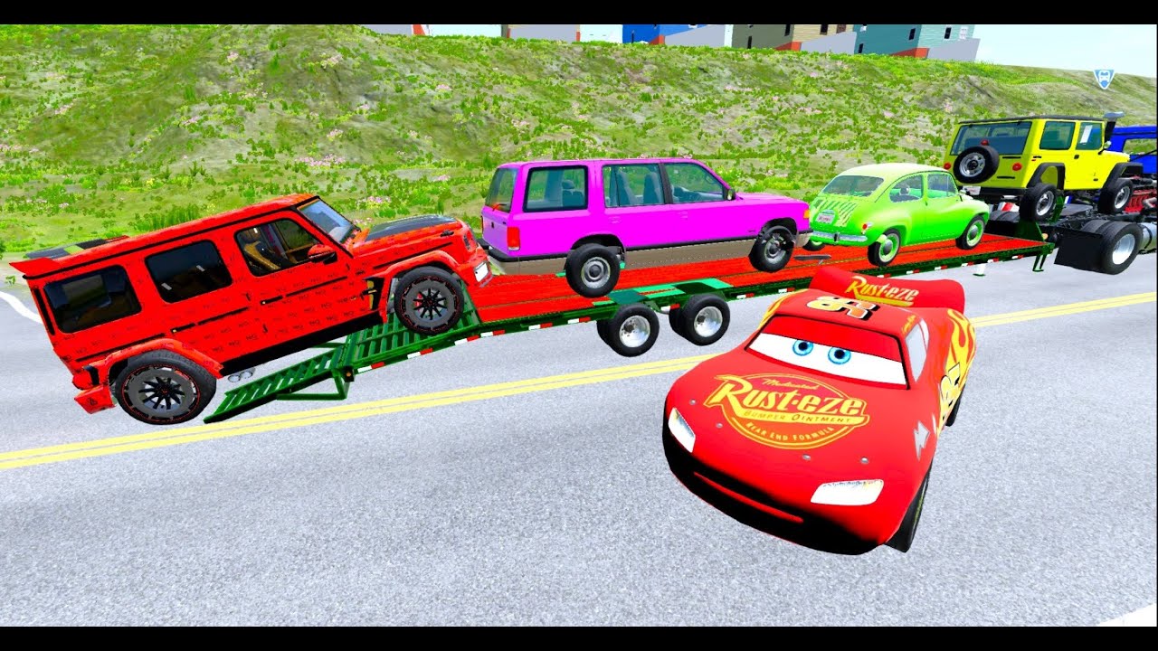 Flatbed Truck McQueen  Transportation with Truck   Pothole vs Car #8  BeamNG Drive Gameplay