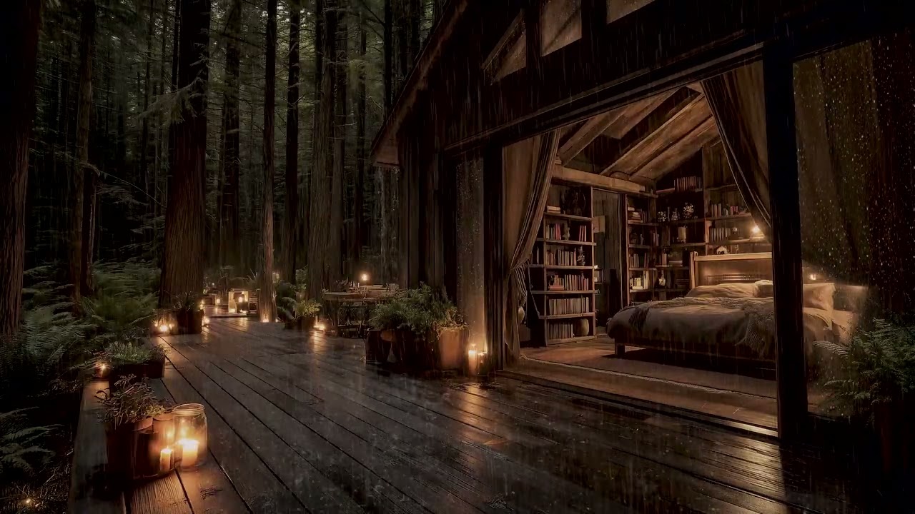 Heavy Rain in The Forest Cabin | Cozy Bedroom Ambience for Deep Relaxation
