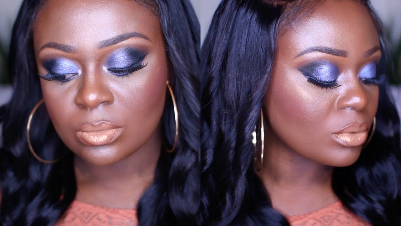 MIDNIGHT BLUE SMOKEY EYE MAKEUP NUDE LIPS ON DARK SKIN MAKEUP