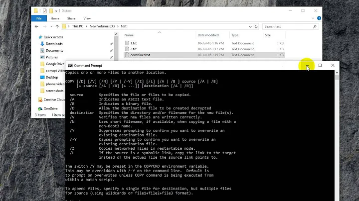 How to combine two files in Windows 10 using command prompt