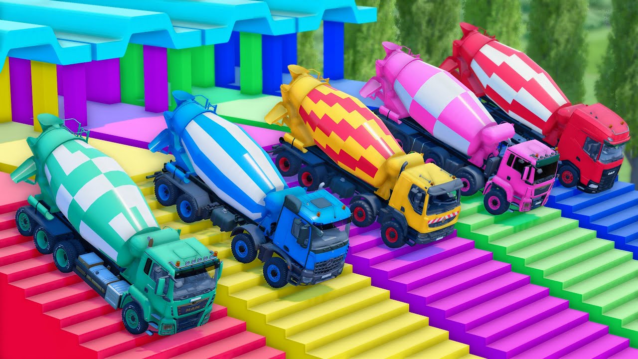 TRANSPORT OF COLOR - ALL MIXER TRUCK WITH DOUBLE FLATBED TRAILER TRUCKS, MAN, MERCEDES, ELKON - FS22