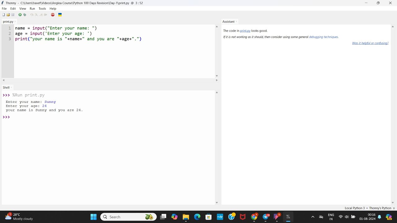 Python-1 (print, debugging, input function, variable.) - YouTube