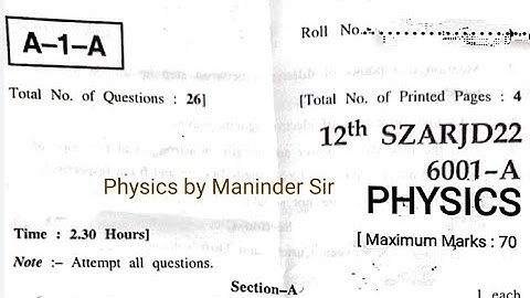 Class 12th Physics Paper jkbose Summer Zone Jammu Division 2022 Series A