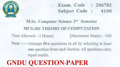 Gndu MSc Computer Science 2nd Semester Theory of Computation Question Paper || MSc 2nd Sem Paper
