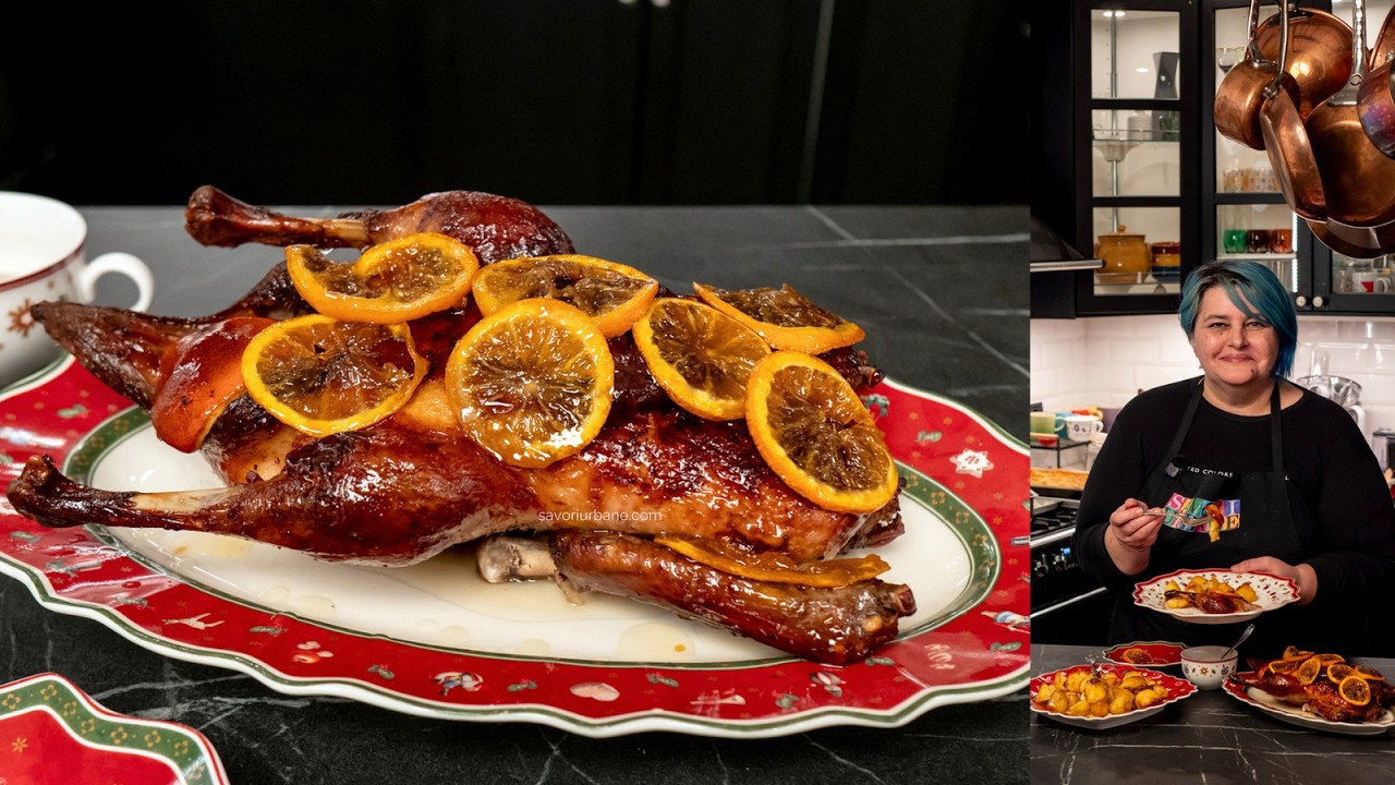 FRIPTURĂ DE RAȚĂ întreagă la cuptor cu cartofi - rețeta cu portocale coniac, lichior Savori Urbane