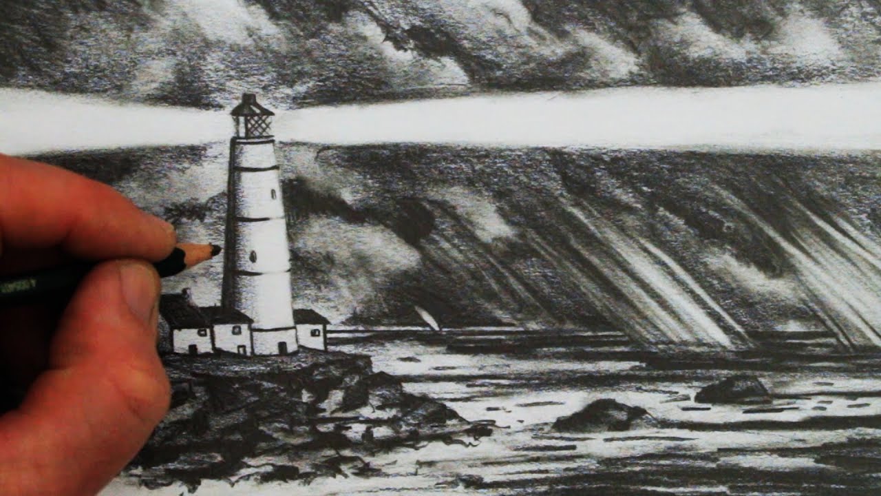 How to Draw a Lighthouse, the Sea and Sky - YouTube