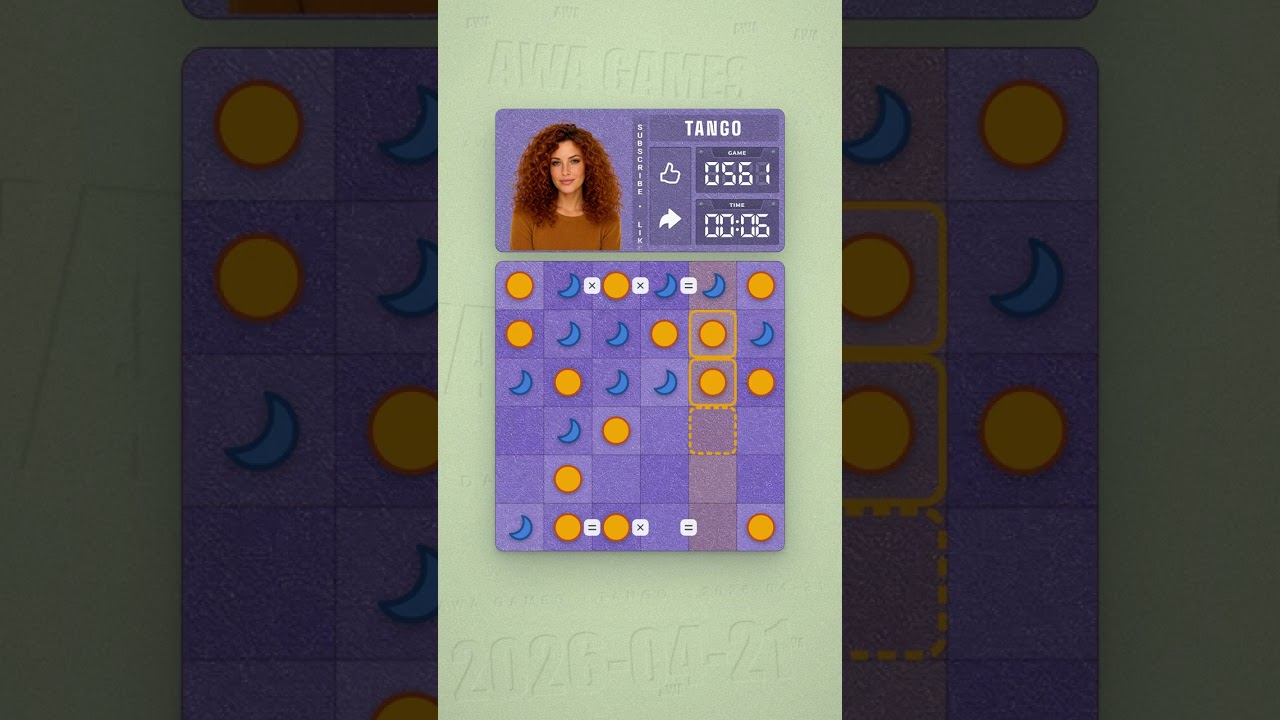 LinkedIn Tango #561 solved board for April 21, 2026, 6x6 grid