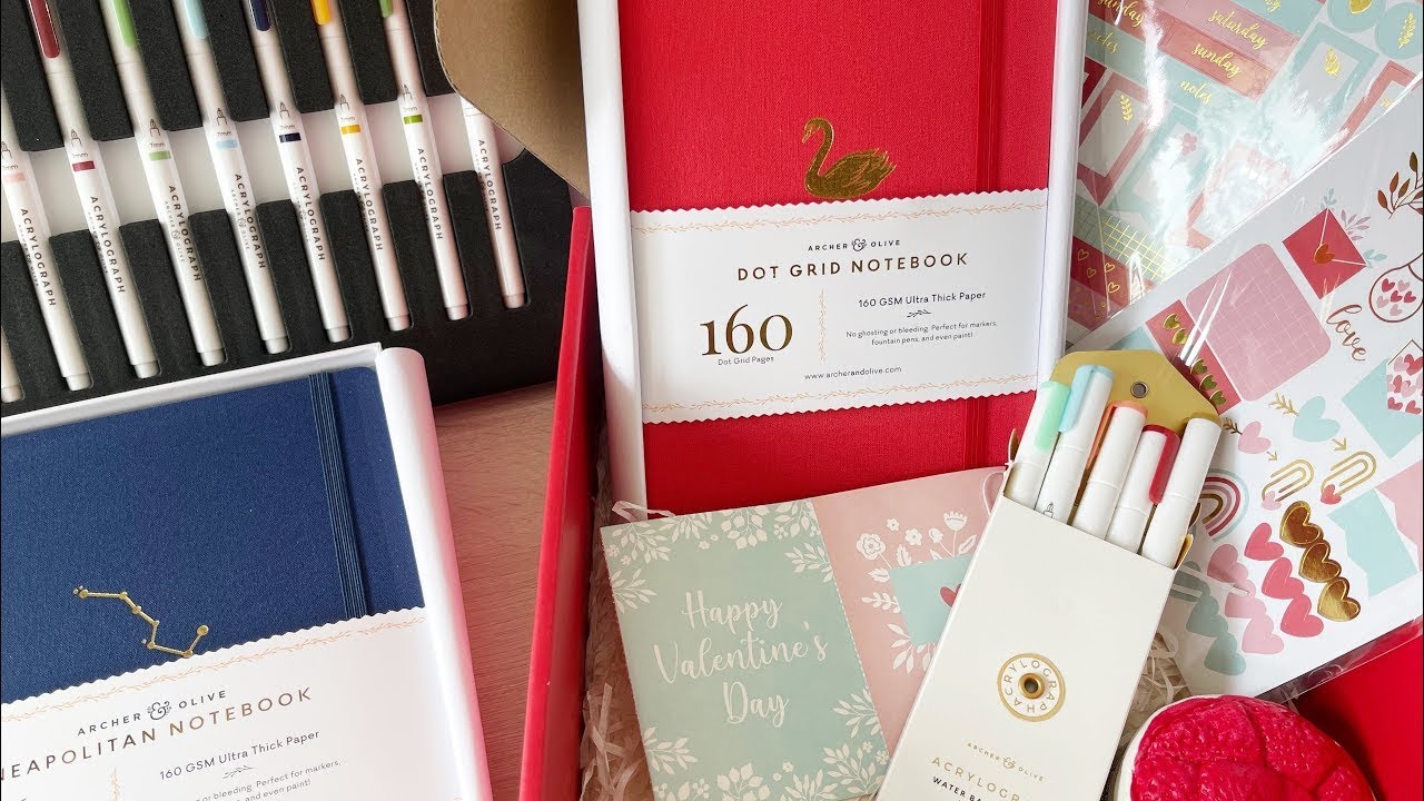 ARCHER & OLIVE | Valentine's Day Box, Neapolitan Dot Grid Notebook and Acrylograph Jewel Pens