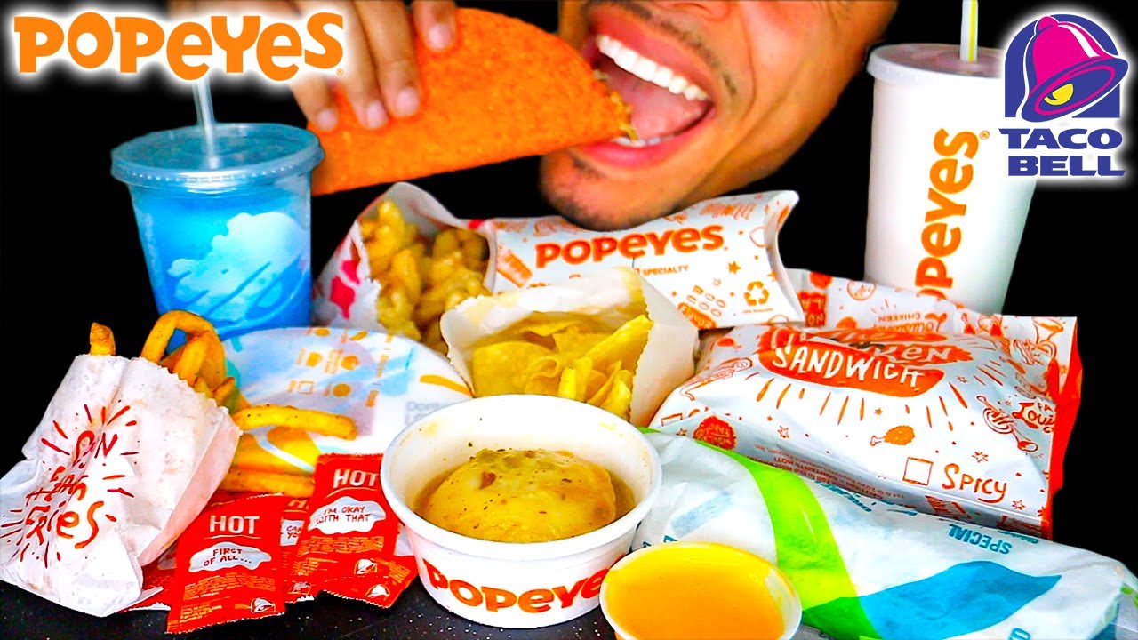 POPEYES TACO BELL EATING SHOW MOUTH SOUNDS SANDWICH FRIES TACO CINNAMON TWIST NACHOS CHEESE MUKBANG