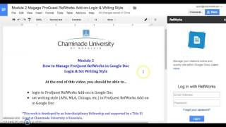 CUH Module 2 Manage ProQuest RefWorks Add-on: Login & Set Writing Style