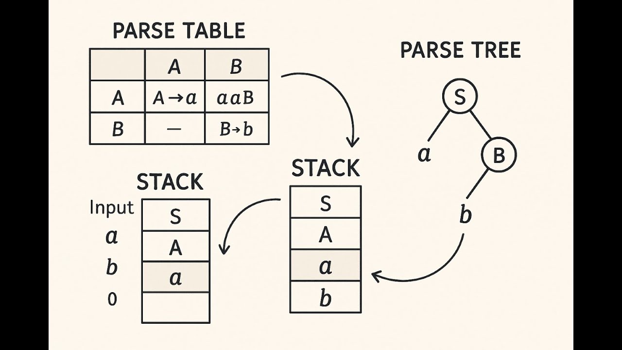 #7 LL(1) Parsing Explained: Parse Table, Stack, and Parse Tree Compiler Design