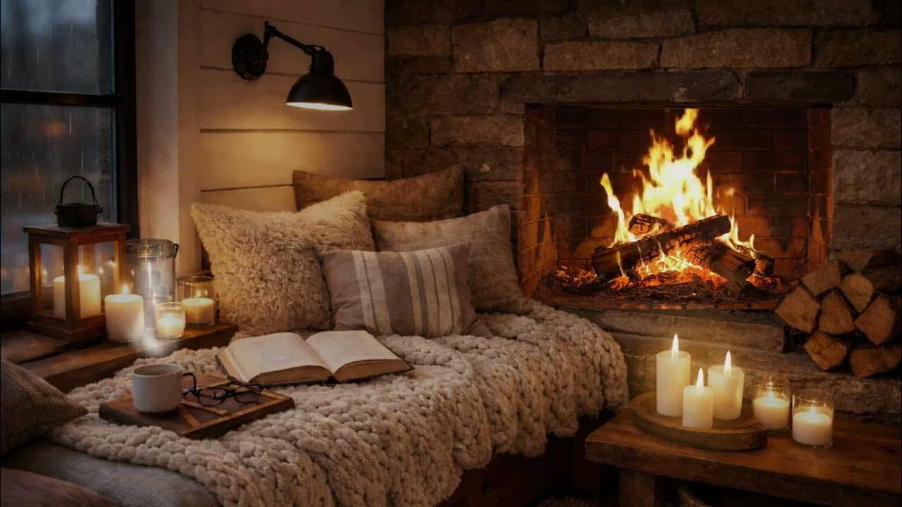 Candlelit Reading Nook by the Fireplace 🌙 Candlelight & Crackling Fire Ambience