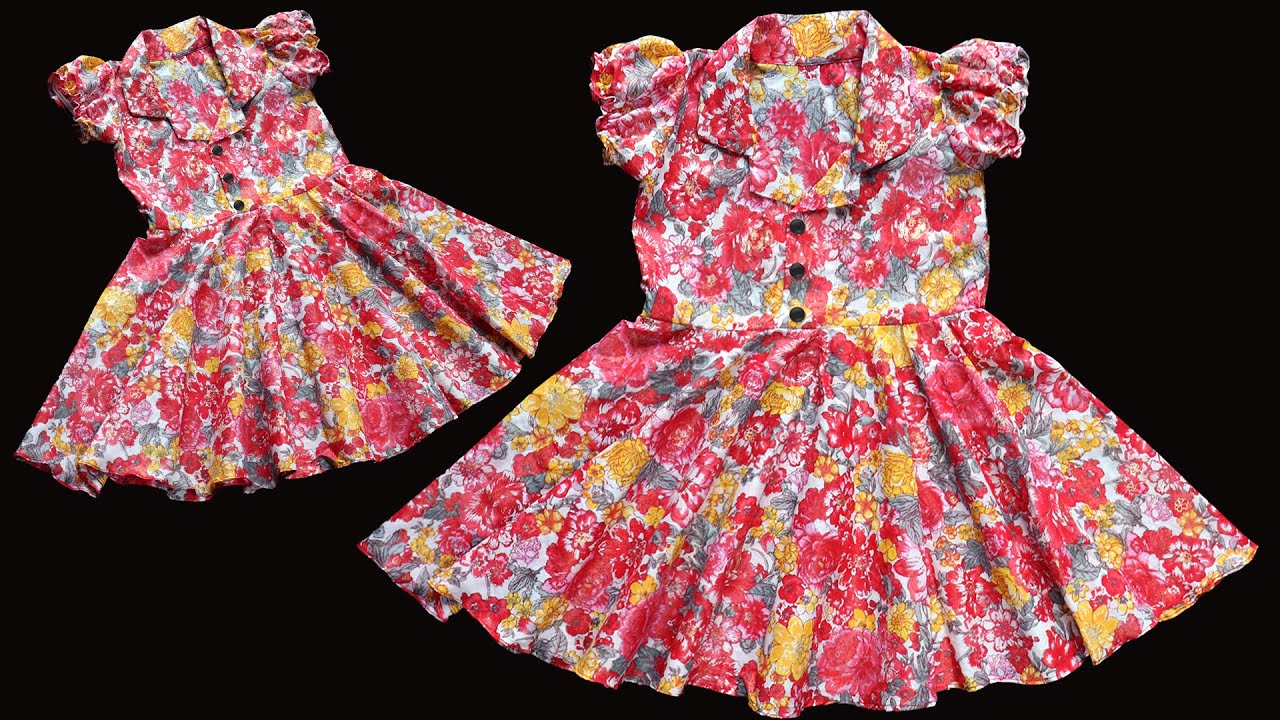 Puff Sleeve Collar Baby Umbrella Cut Frock with Button Down | Easy
