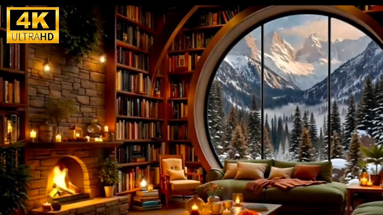 Luxury Winter Library Jazz Escape ❄️ Cozy Fireplace & Snowy Forest Ambience for Reading