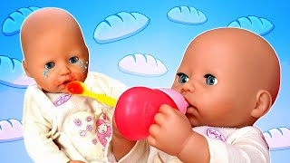 Baby Annabell doll videos for kids: Baby Born doll feeding time. Toy food for the baby doll.