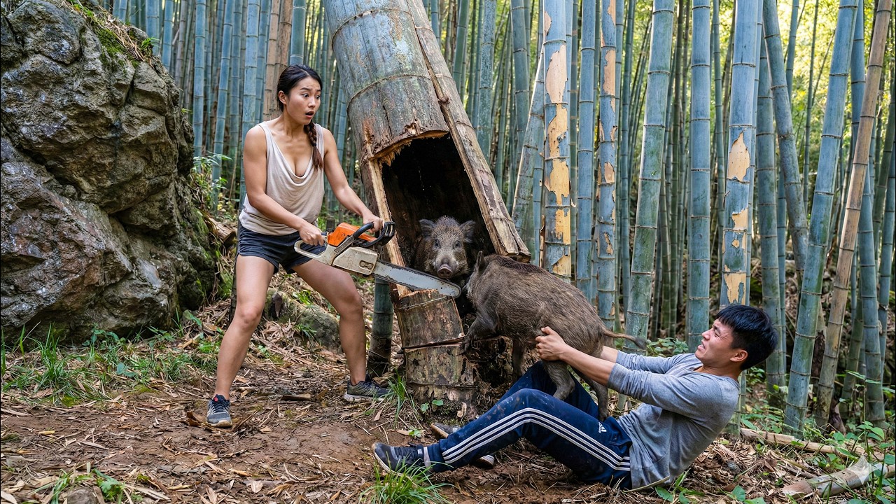 Shocking! Woman Risks Her Life Harvesting Two Wild Boars with a Chainsaw - What Happens Next?