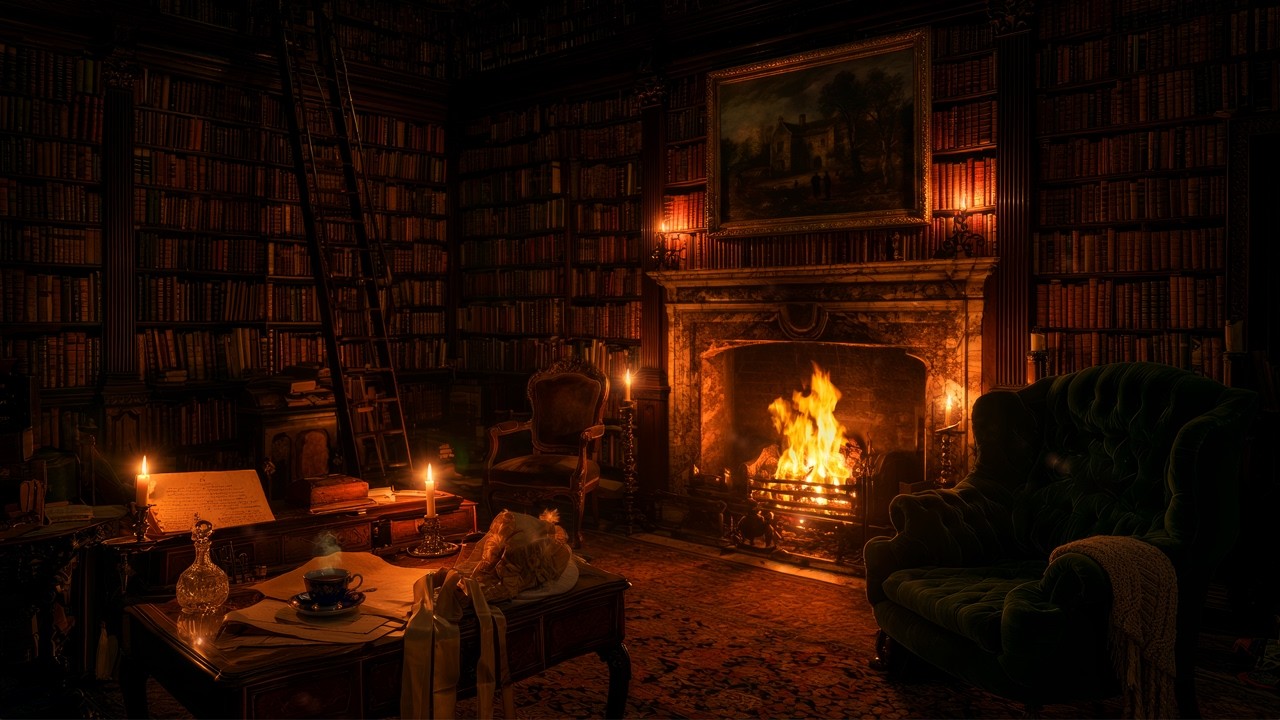 An Evening at Pemberley | Romantic Regency Library Ambience with Crackling Fire | 8 Cozy Hours