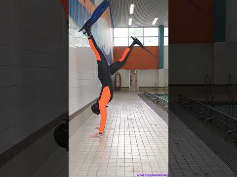 Handstand with wetsuit, scuba mask, and diving fins [Frogwoman Kara] #wetsuit #scuba #fins
