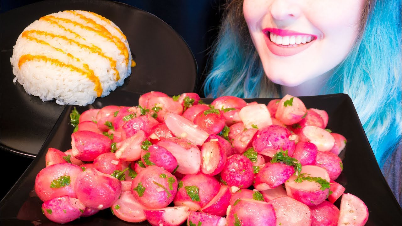 ASMR: Pink Plate of Crunchy Roasted Radishes w/ Spicy Rice ~ Relaxing Eating Sounds [No Talking|V] 😻