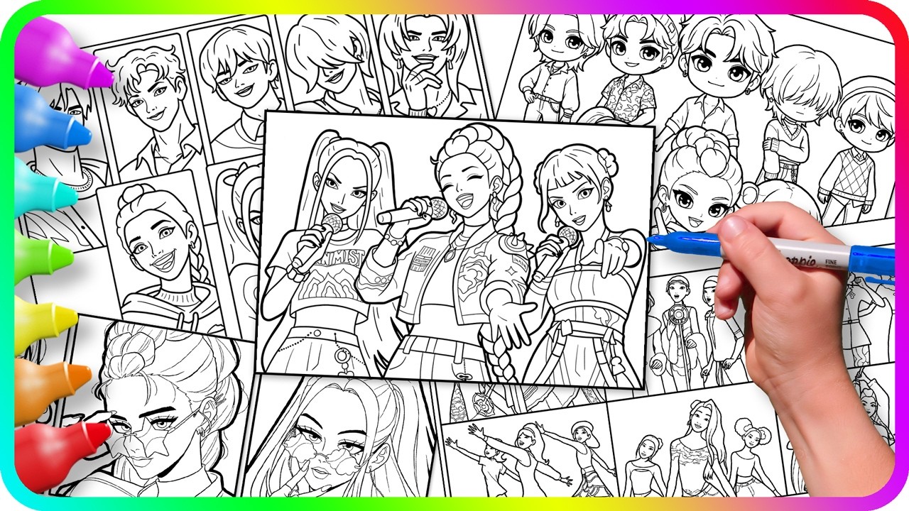 KPop Demon Hunters FanArt Coloring Pages Compilation / Satisfying Coloring Huntrix and Saja Boys