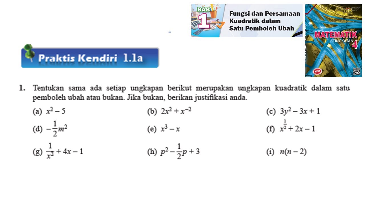 Kssm Matematik Tingkatan 4 Bab 1 Fungsi Dan Persamaan Kuadratik Dalam Satu Praktis Kendiri 1 1a No1 Otosection