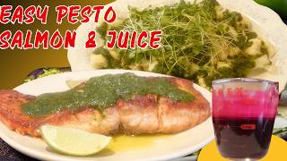 Cooking salmon with Pesto, Steamed Cauliflower, Coconut Water  & Fresh Beet Chocho Juice