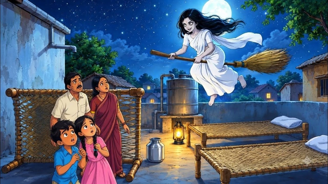 😱 छत पर उड़ती दिखी सफेद साड़ी वाली चुड़ैल… फिर जो हुआ! | Hindi kahani | ghibli animation