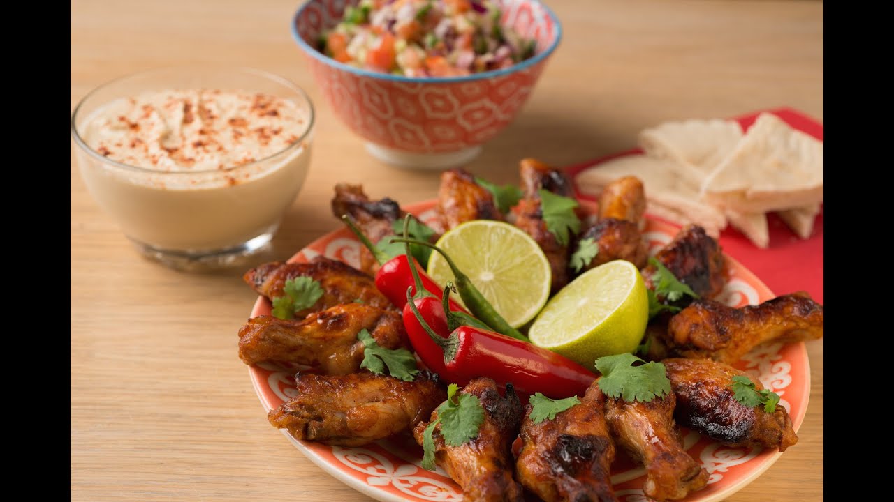 Aafiyah Halal Recipes Hot Chicken Wings with Baladi Salad & Hummus