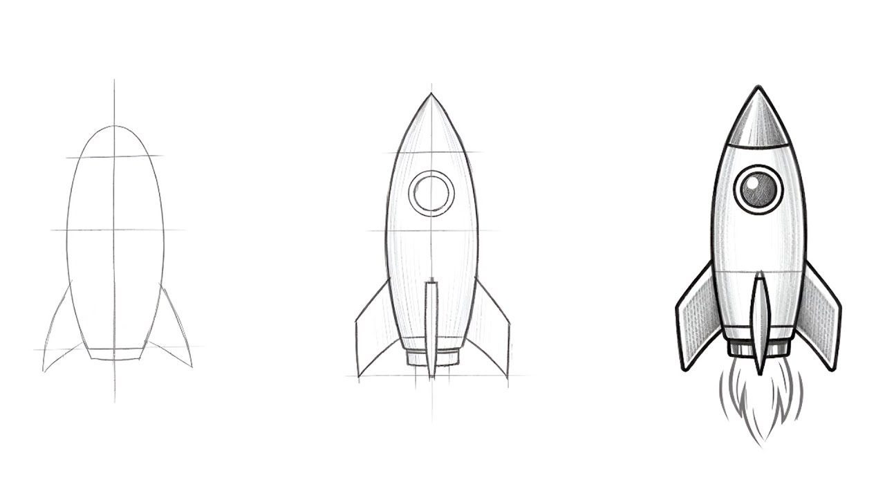 Tutorial how to draw a rocket ship realistic easy step by step - YouTube