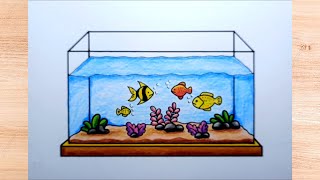 Cara Menggambar Akuarium dengan Ikan Hias Cantik | Easy Fish Aquarium Drawing Step by Step