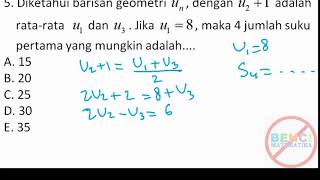 Baris geometri soal sbmptn 2018 diketahui barisan un, dangan u2+1
adalah rata-rata u2 dan u3, jika u1=8, maka jumlah 4 suku pertama yang
mungkin ada...