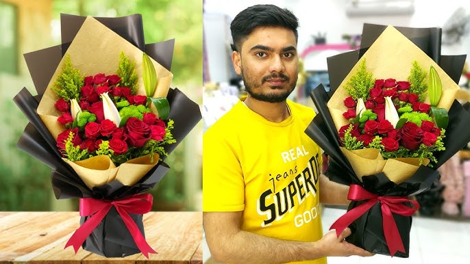 Flower arrangement using floral foam, with flower bouquet wrapping