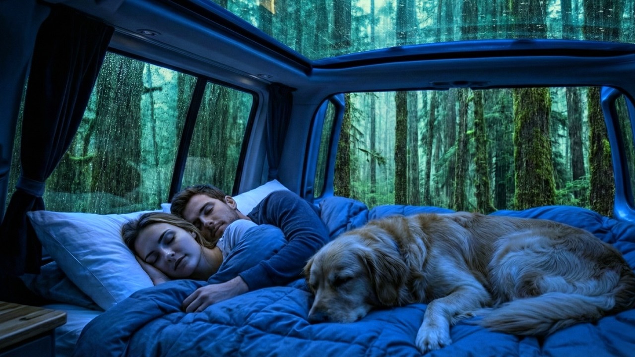 Расслабляющий дождь на окне машины ASMR ⛈️ Сон в фургоне глубоко в лесу с золотистым ретривером 🌲
